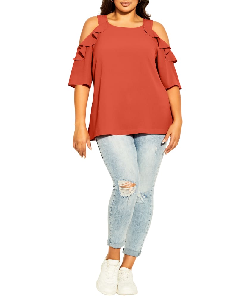 Plus size model wearing Chandra Frilly Cold Shoulder Top by City Chic | Dia&Co | dia_product_style_image_id:191083